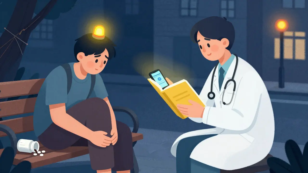 Urgence médicale à l'étranger : un voyageur montre son carnet jaune à un médecin, avec une alarme de médicament visible.