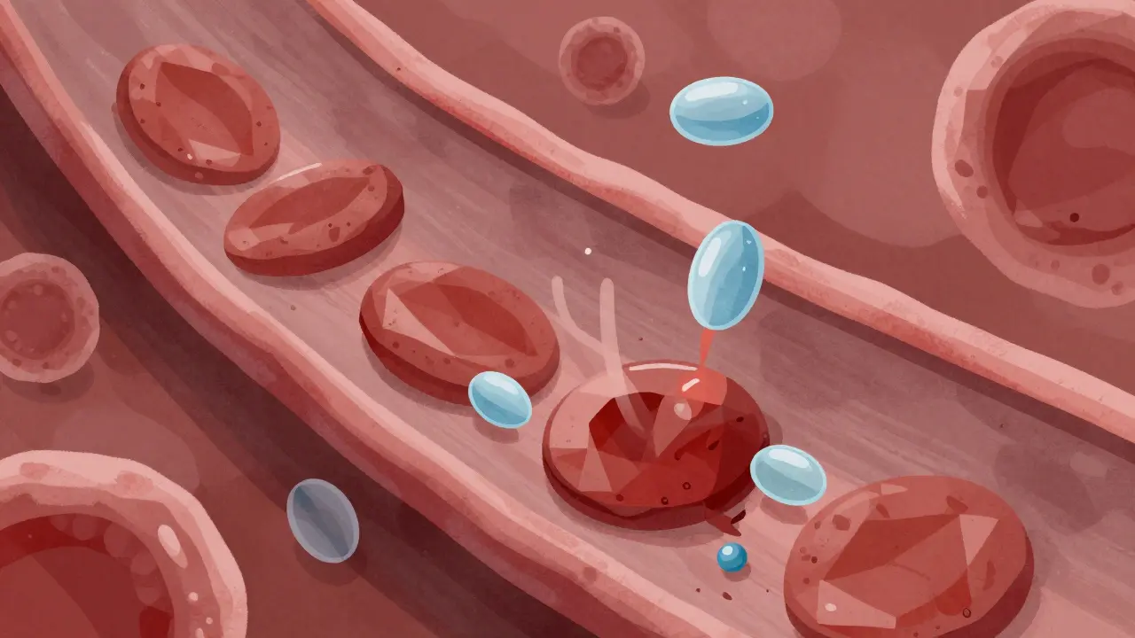 Vue artistique de plaquettes sanguines et molécules dans un liquide rouge.