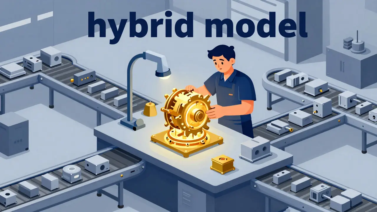 Atelier illustrant le modèle hybride avec assemblage de pièces critiques et composants importés.