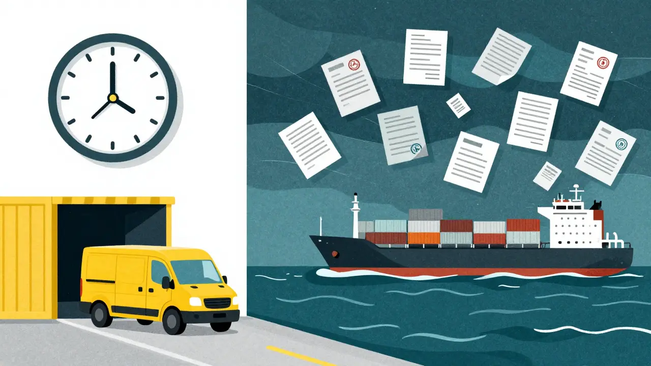 Comparaison entre la livraison locale rapide et la complexité du transport maritime mondial.
