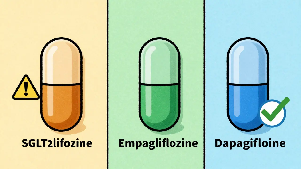 Comparaison stylisée de trois médicaments inhibiteurs du SGLT2 et leur profil de sécurité.