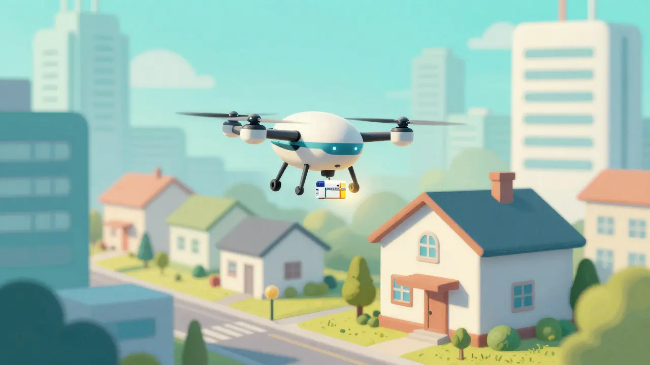 Drone de livraison médicale survolant une ville pour livrer un traitement.