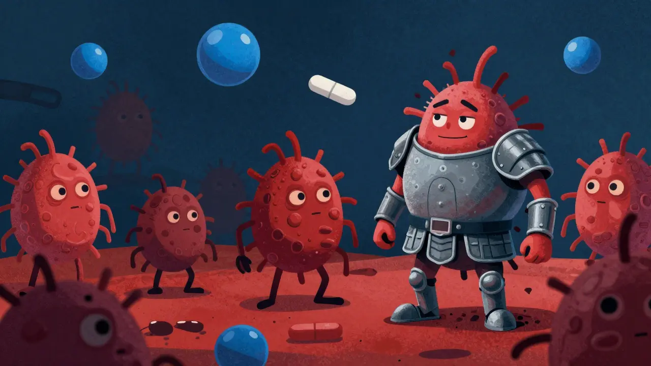 Illustration d'une super-bactérie résistante aux antibiotiques portant une armure.