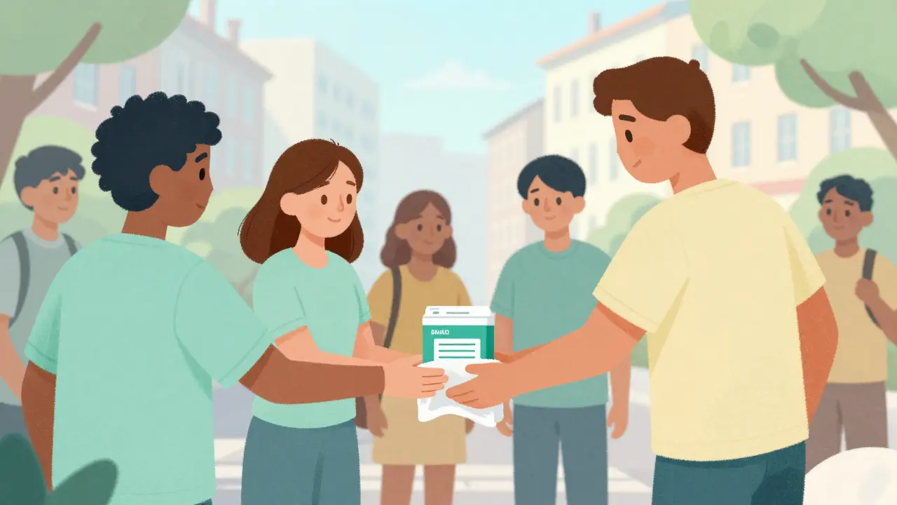 Illustration de personnes s'entraidant avec un kit de refroidissement dans une zone urbaine ombragée.