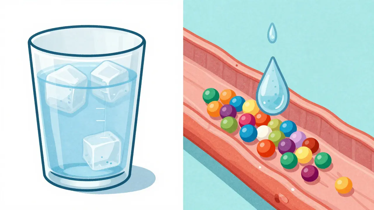 Illustration montrant un verre d'eau et la dilution de substances dans le sang pour la réduction des risques.