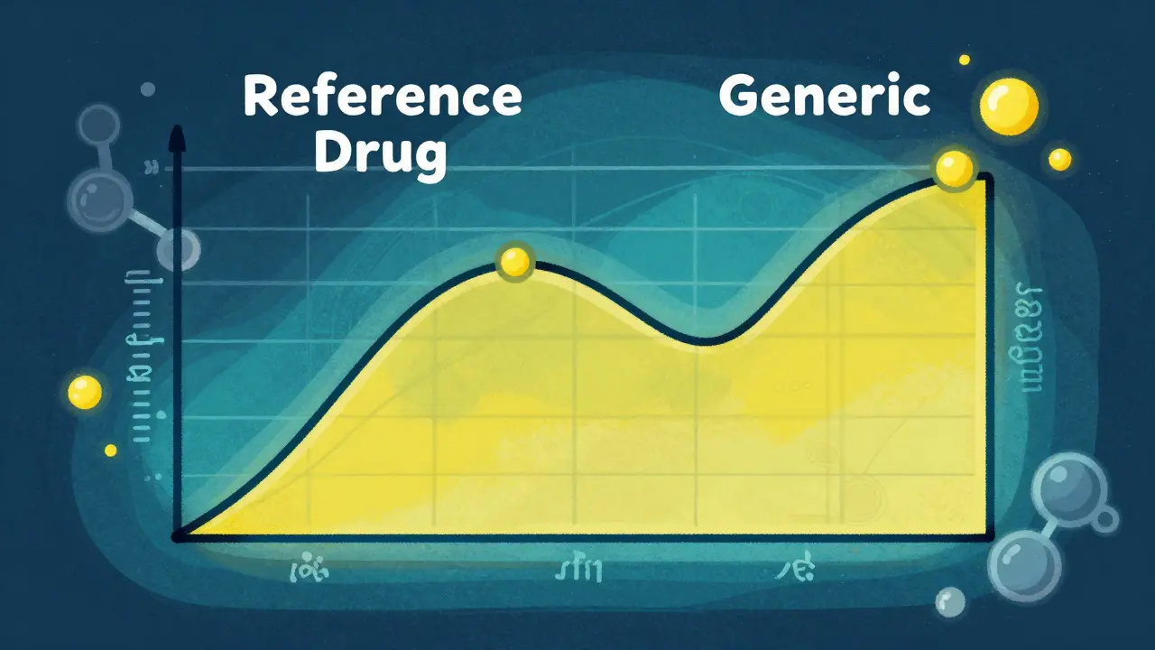 Illustration stylisée de deux courbes de bioéquivalence se superposant parfaitement.