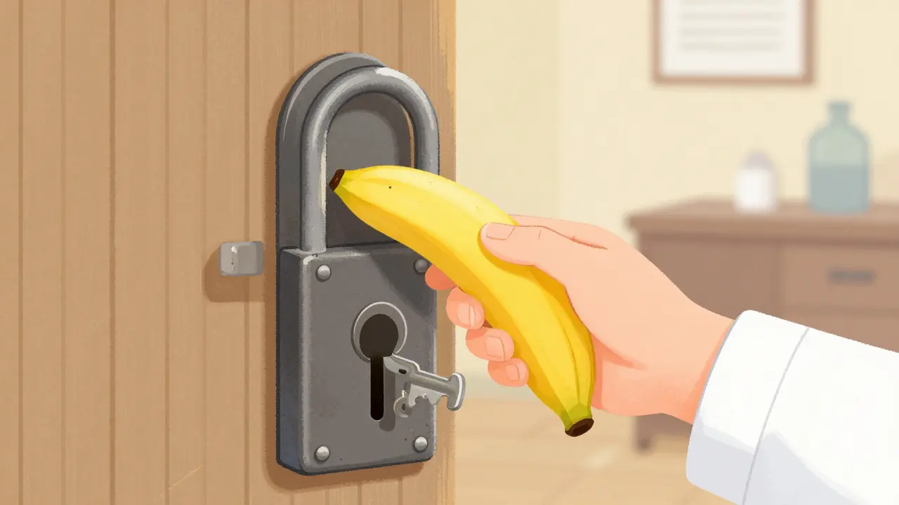 Métaphore d'une banane utilisée comme clé pour illustrer l'inefficacité des antibiotiques contre les virus.