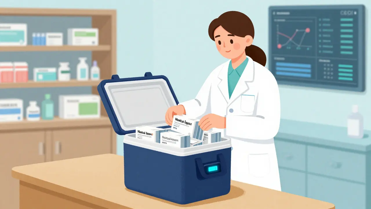 Pharmacien préparant des médicaments génériques dans une glacière médicale.