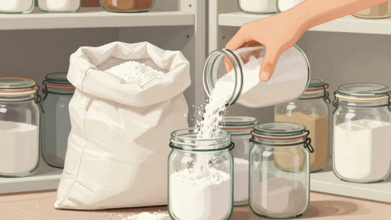 Transfert de bicarbonate de soude en vrac dans des bocaux en verre hermétiques