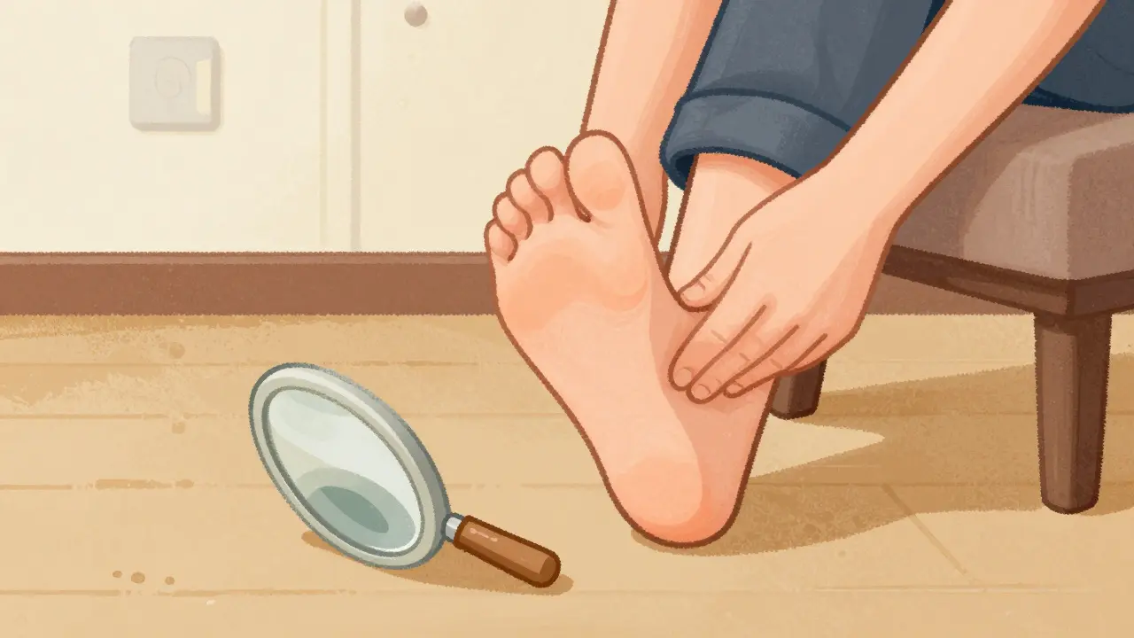 Une personne utilisant un miroir pour inspecter la plante de son pied pour la prévention.