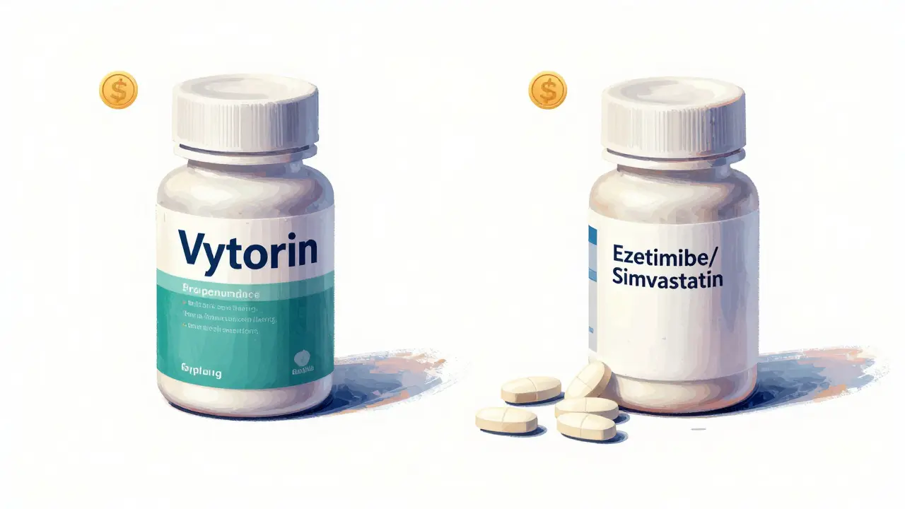 Comparaison visuelle entre le Vytorin original et son générique équivalent sur une table.