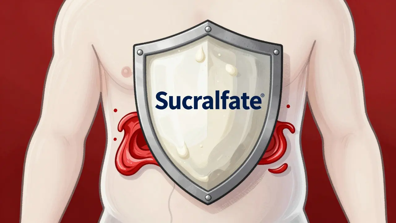 Illustration d'un bouclier protecteur formé par le Sucralfate sur une ulcération gastrique.