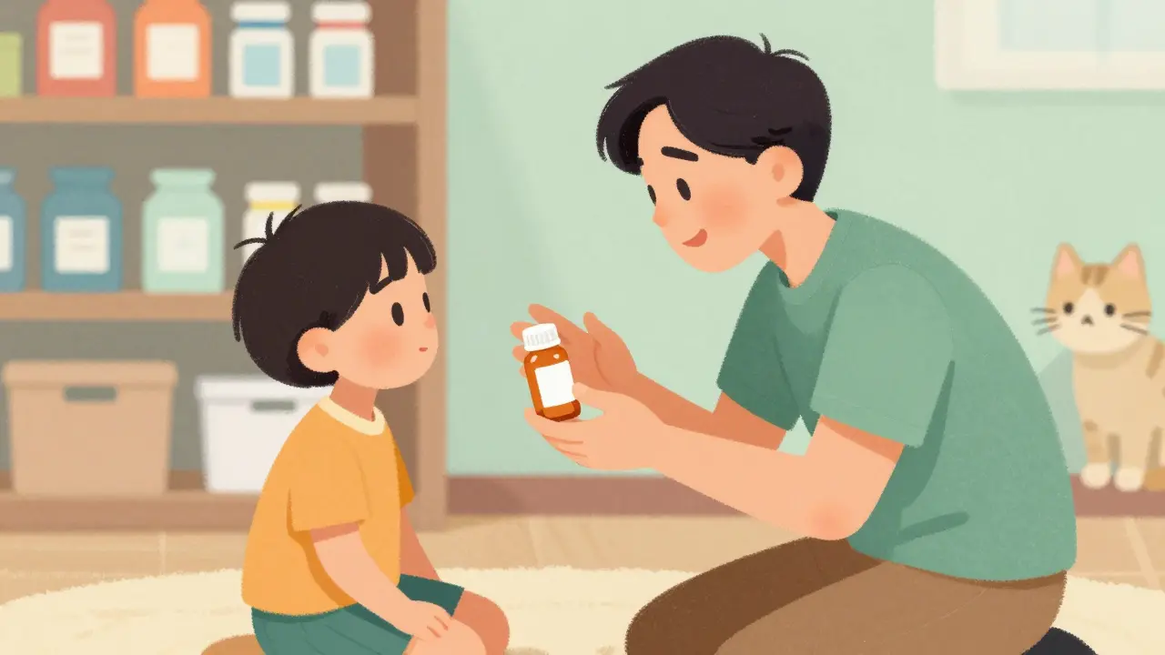 Parent expliquant la sécurité des médicaments à son enfant attentif