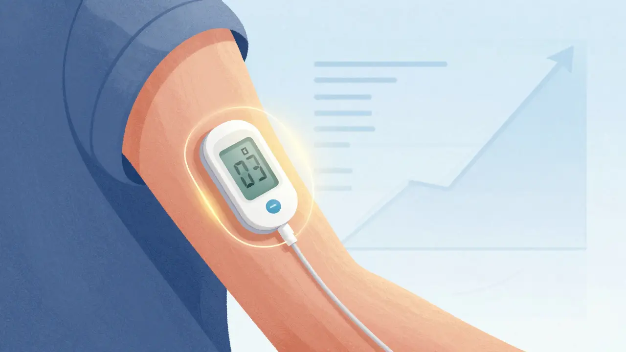 Personne protégée par un moniteur de glucose continu émettant une lumière dorée