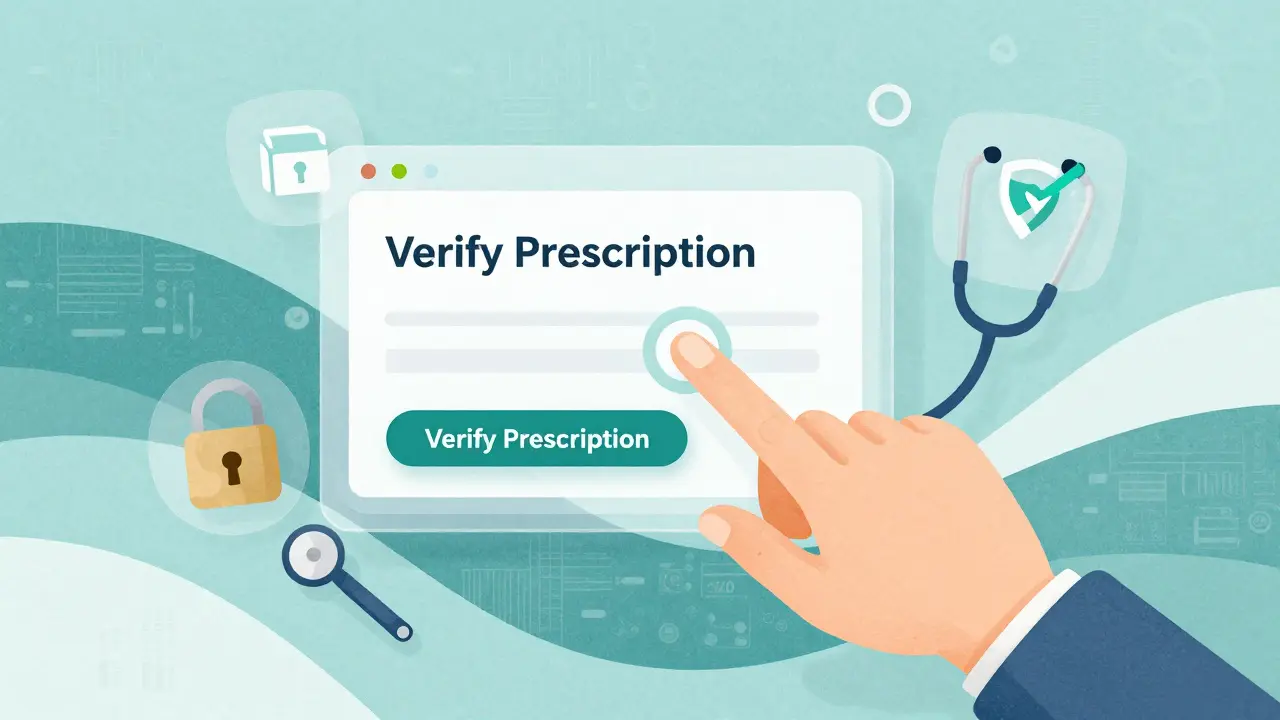 Scène illustrée de la vérification sécurisée d'une ordonnance pour l'achat en ligne de médicaments.