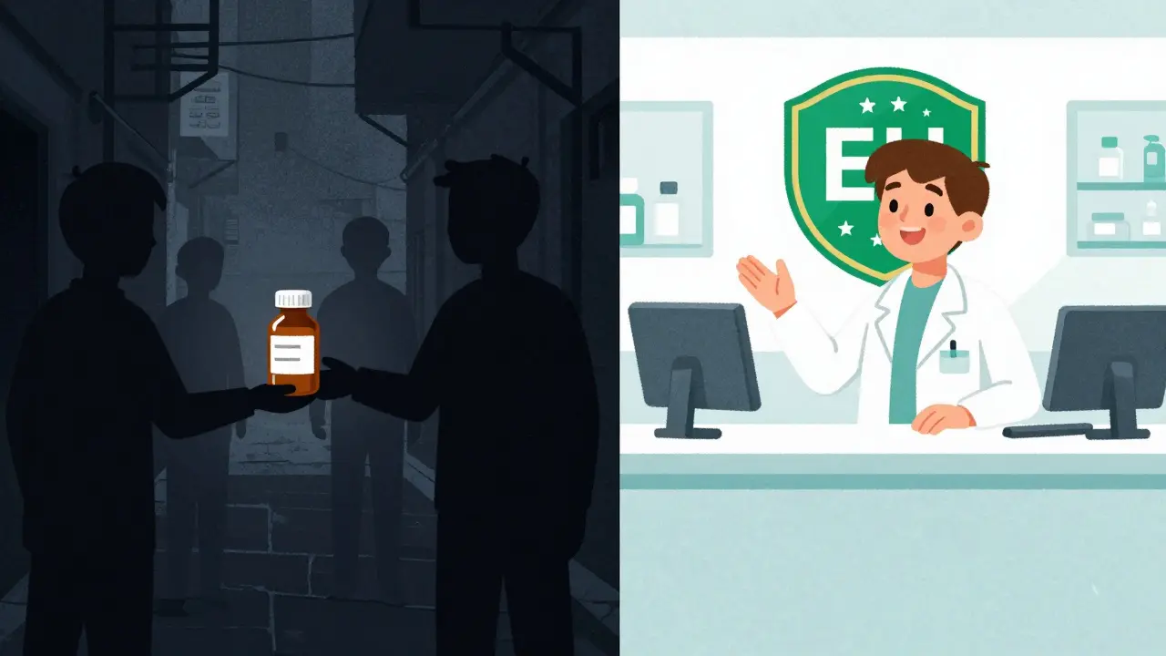 Contraste entre pharmacie en ligne dangereuse et officine sécurisée certifiée
