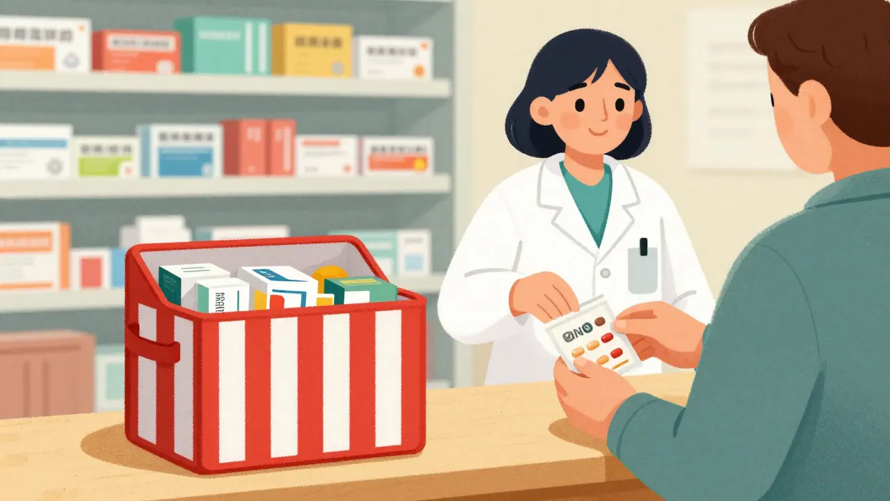 Dépôt de médicaments non utilisés dans une benne de collecte sécurisée en pharmacie.