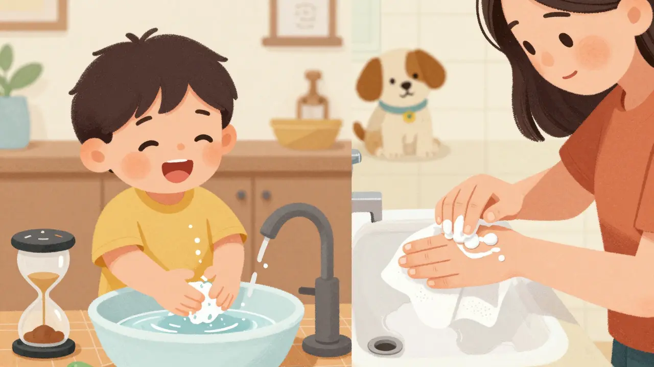 Enfant chantant en se lavant les mains et crème hydratante
