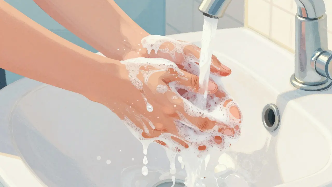 Mains se lavant soigneusement au savon sous l'eau chaude