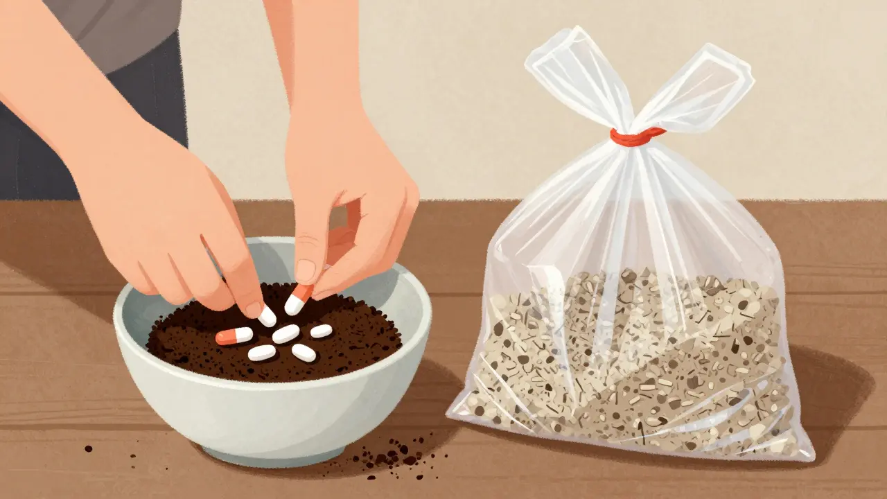Mélange de pilules périmées avec du marc de café pour une élimination sûre à domicile.