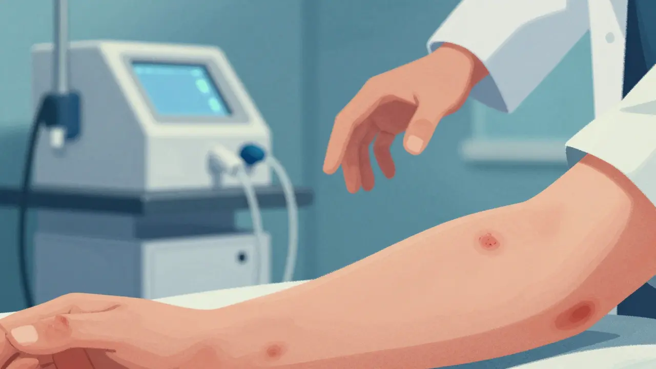 Patient avec des pétéchies recevant une échange plasmatique en urgence médicale.
