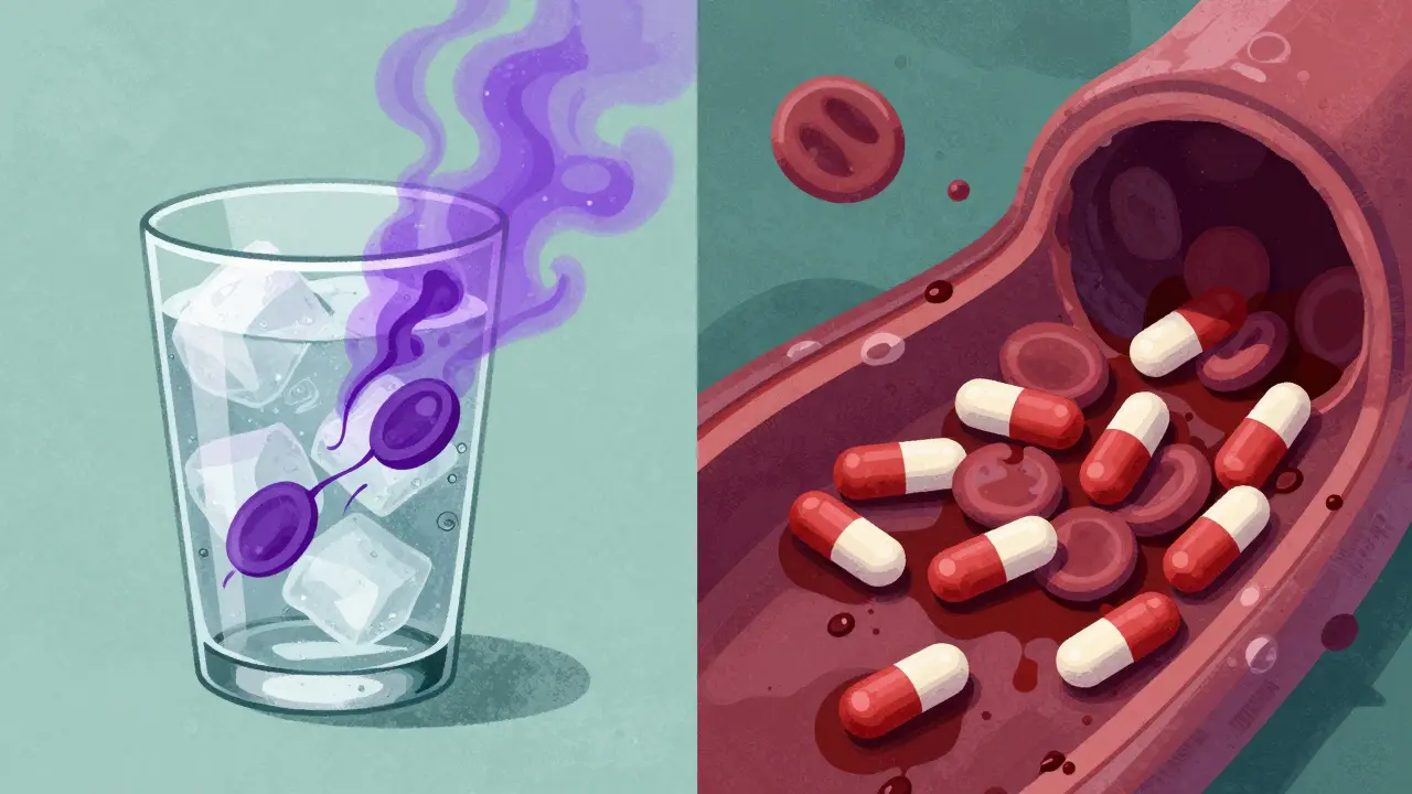 Scène divisée montrant l'eau tonique et les médicaments causant le PTT médicamenteux.