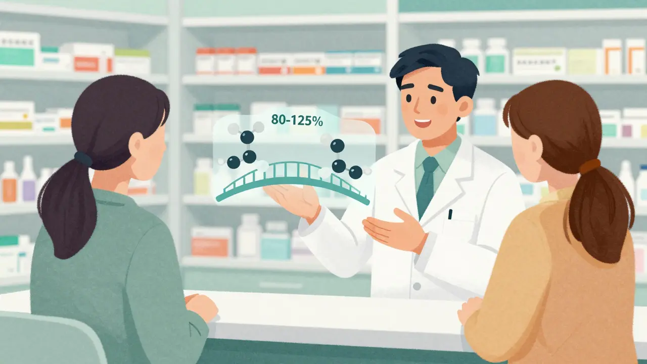 Un pharmacien rassure un patient sur l'équivalence des médicaments.