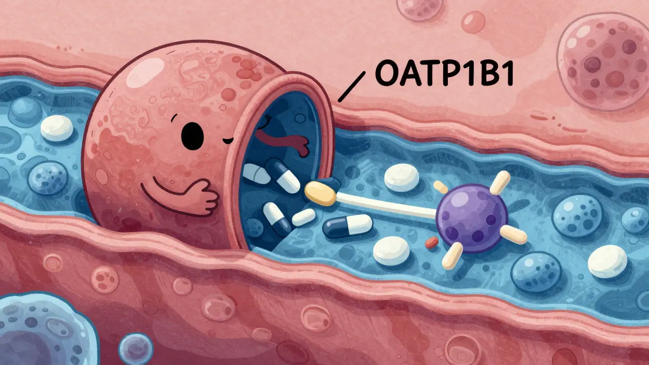 Vue microscopique d'un transporteur OATP1B1 régulant l'entrée des statines dans la cellule