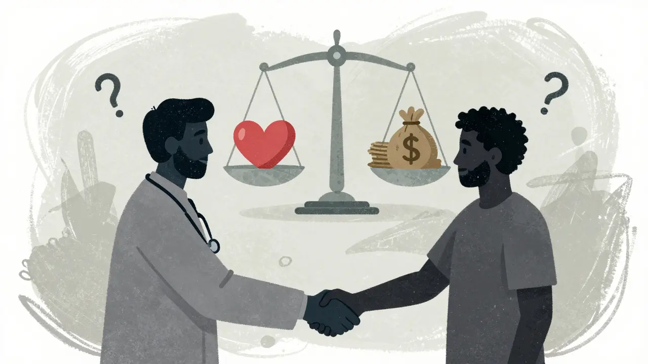 Balance éthique illustrant la confiance patient-médecin vs incitations