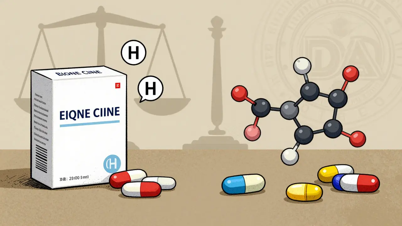 Illustration symbolisant conflit juridique entre identité de marque et équivalence pharmaceutique