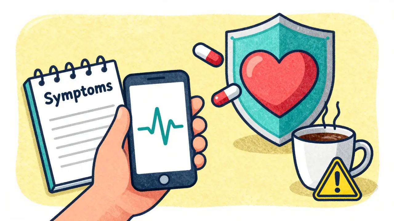 Main tenant un téléphone et un journal de symptômes pour la santé