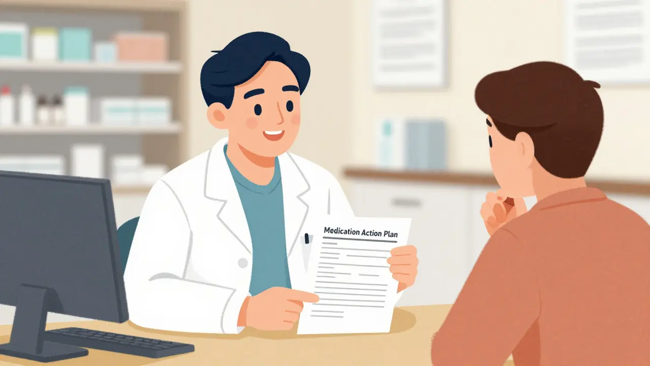 Médecin et patient discutant d'un plan d'action médicamenteux
