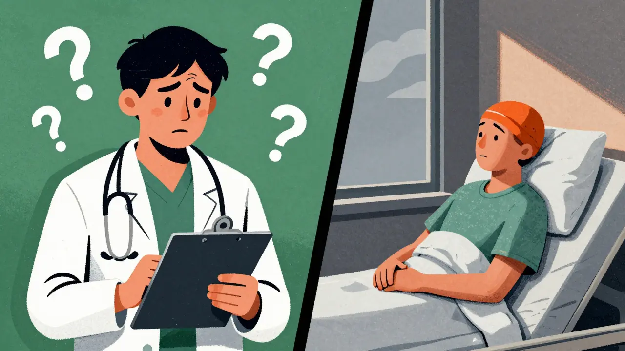 Médecin stressé et patient en attente de traitement