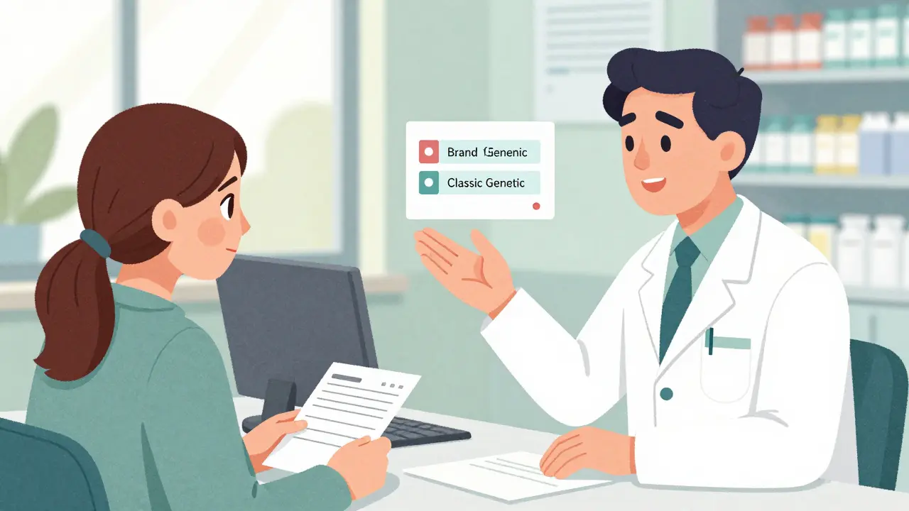 Pharmacien expliquant les nuances des génériques à un patient inquiet au comptoir