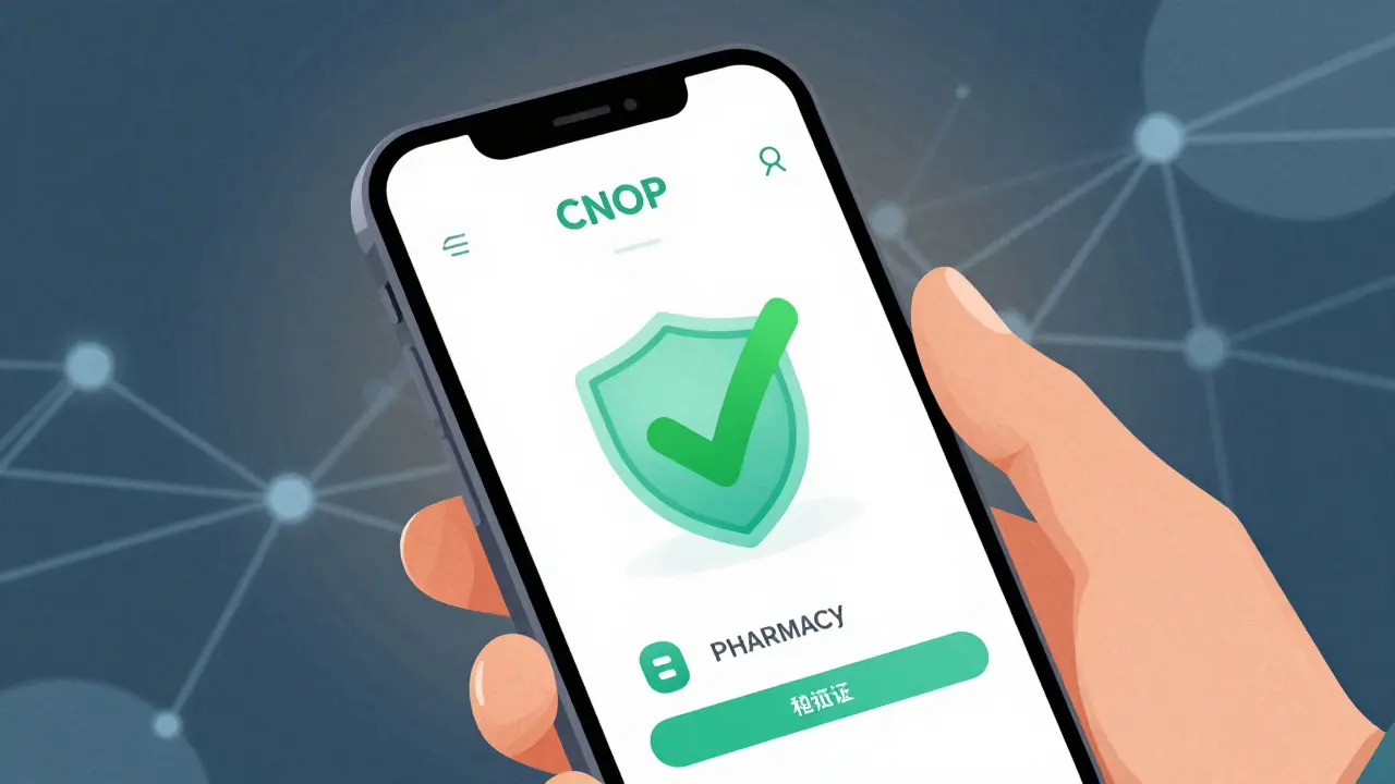 Téléphone montrant une pharmacie en ligne sécurisée avec icône de vérification