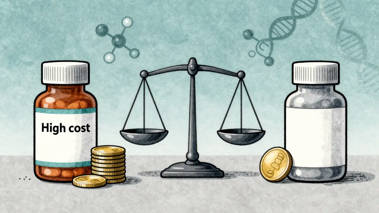 Comparaison illustrée entre un médicament de marque coûteux et un générique équivalent
