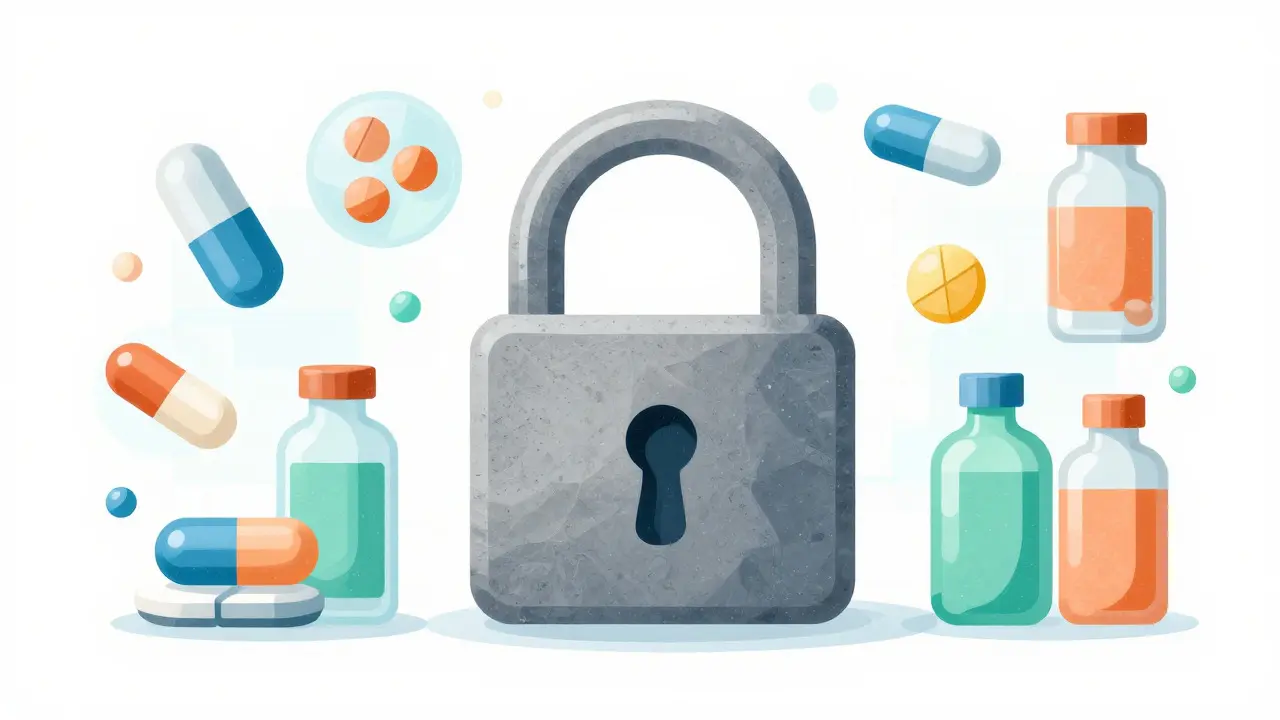 Icônes de médicaments flottant autour d'un cadenas numérique
