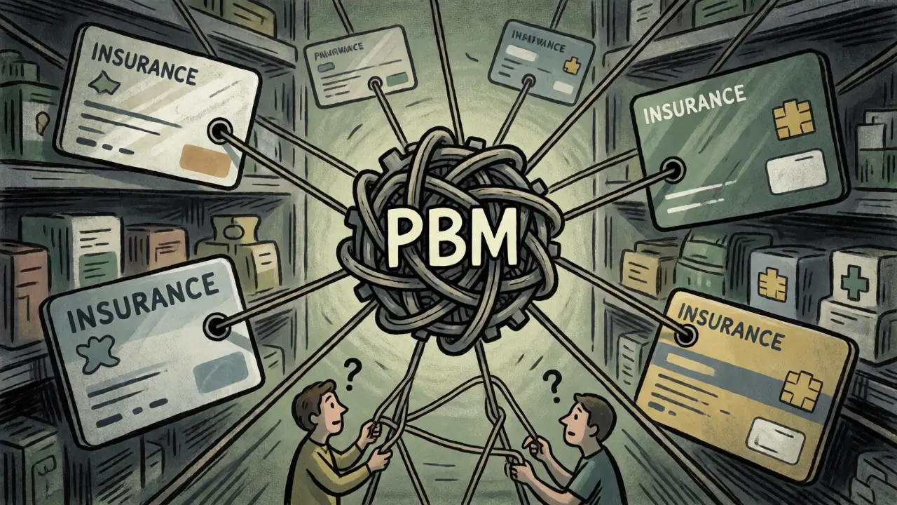 Illustration abstraite des PBMs comme un réseau opaque reliant assureurs et pharmacies.
