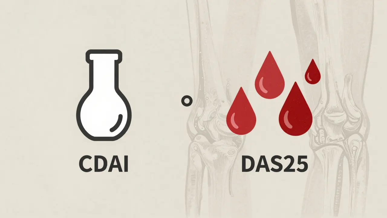 Illustration conceptuelle comparant les scores CDAI et DAS28