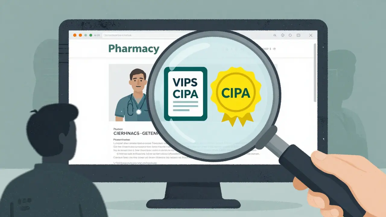Loupe vérifiant les certifications d'une pharmacie en ligne sûre