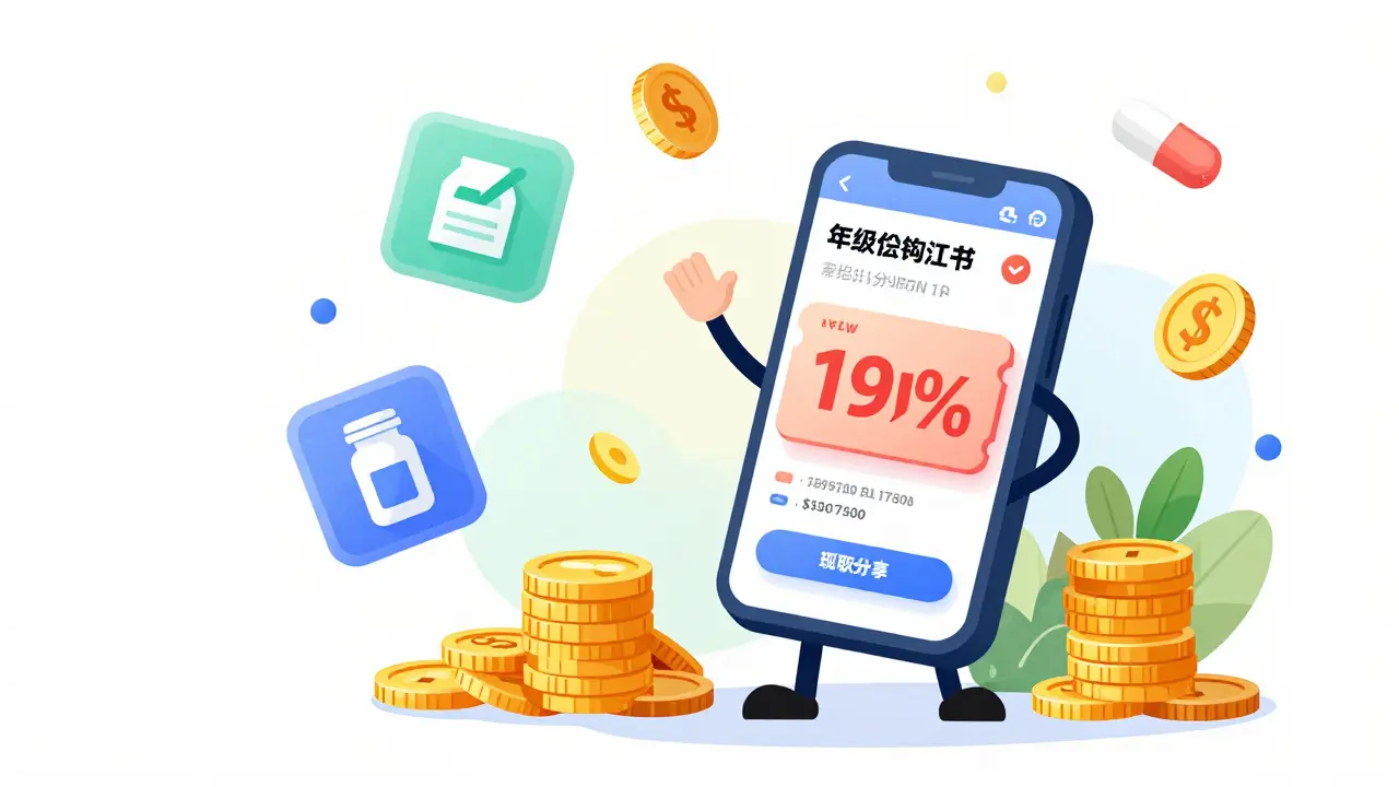Personnage utilisant une application pour économiser sur ses médicaments