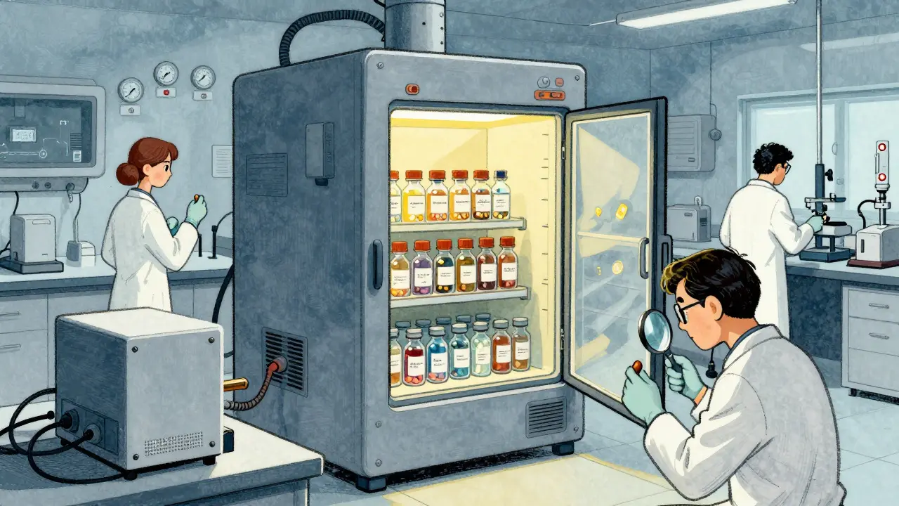 Scène de laboratoire montrant des tests de stabilité dans une chambre climatisée