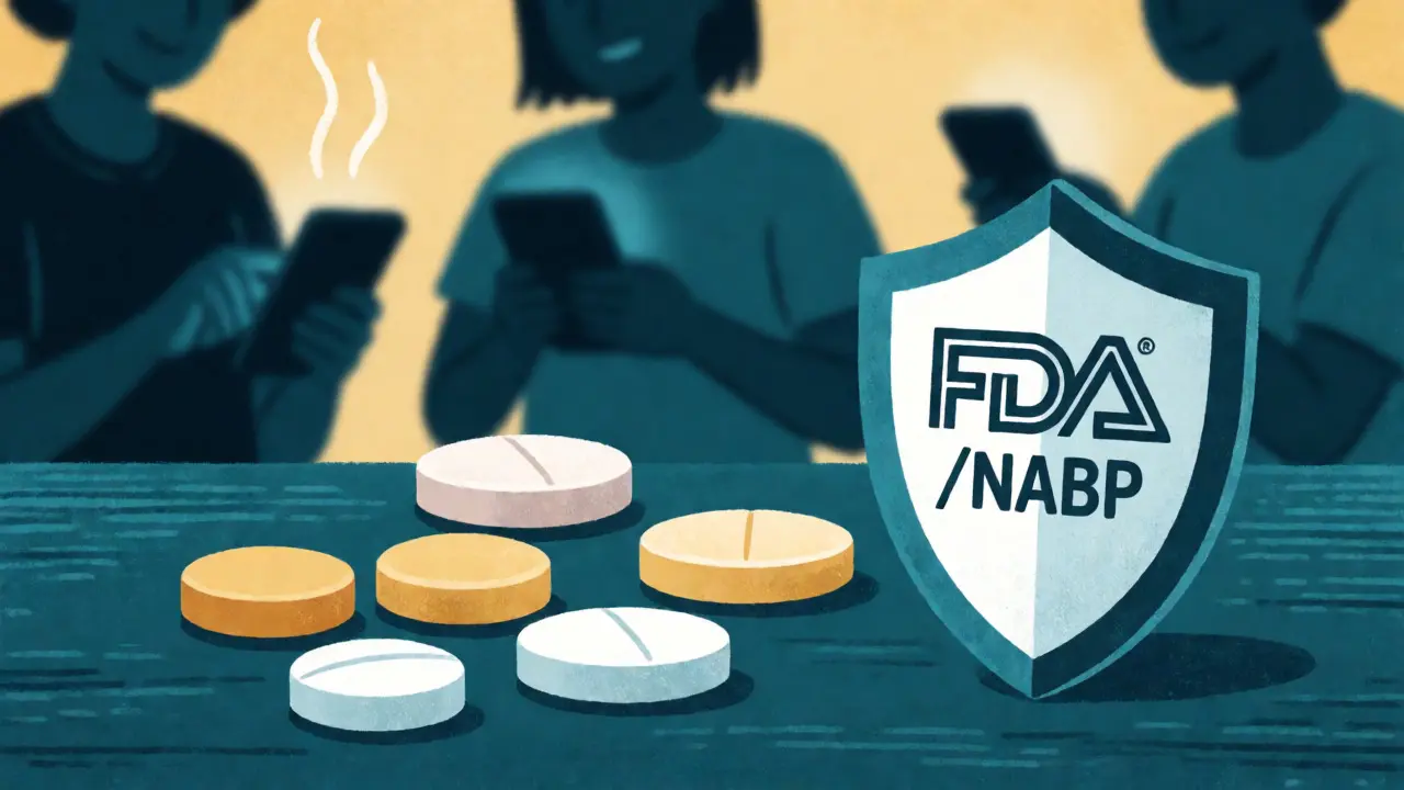 Comprimés de ciprofloxacine générique avec icônes de sécurité et d'accréditation.
